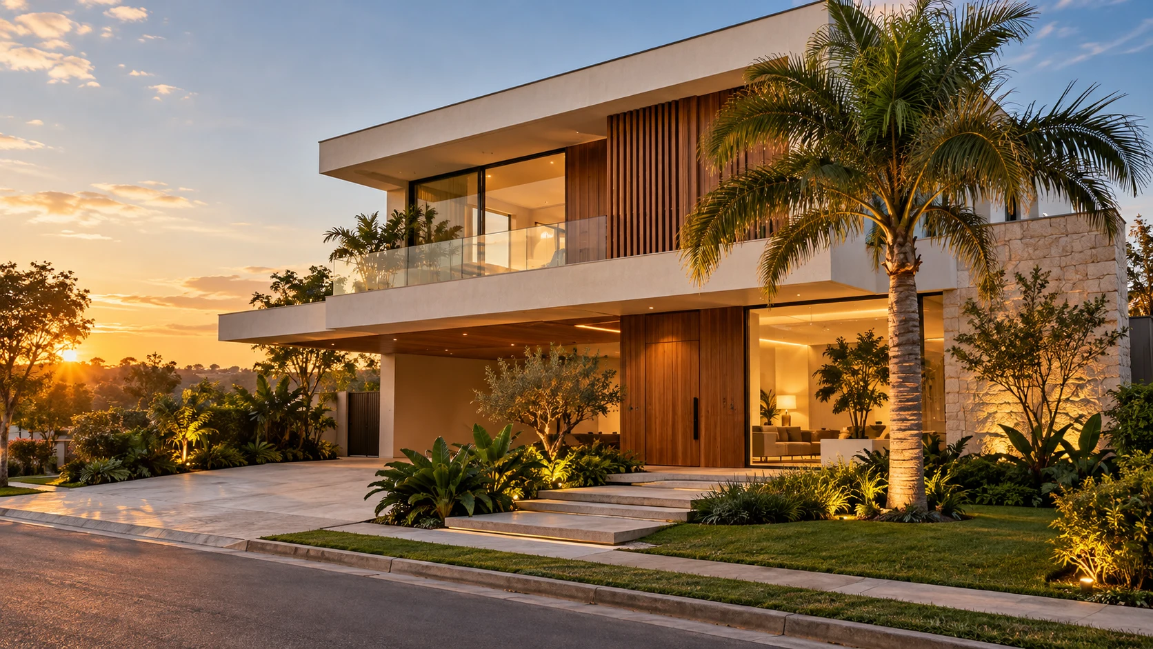 Imagem ilustrativa de uma casa contemporânea com jardim ao entardecer